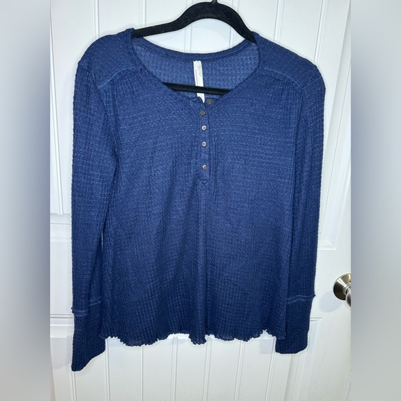 Anthropologie Navy Blue Waffle Knit Button Henley Long Sleeve - Picture 2 of 7